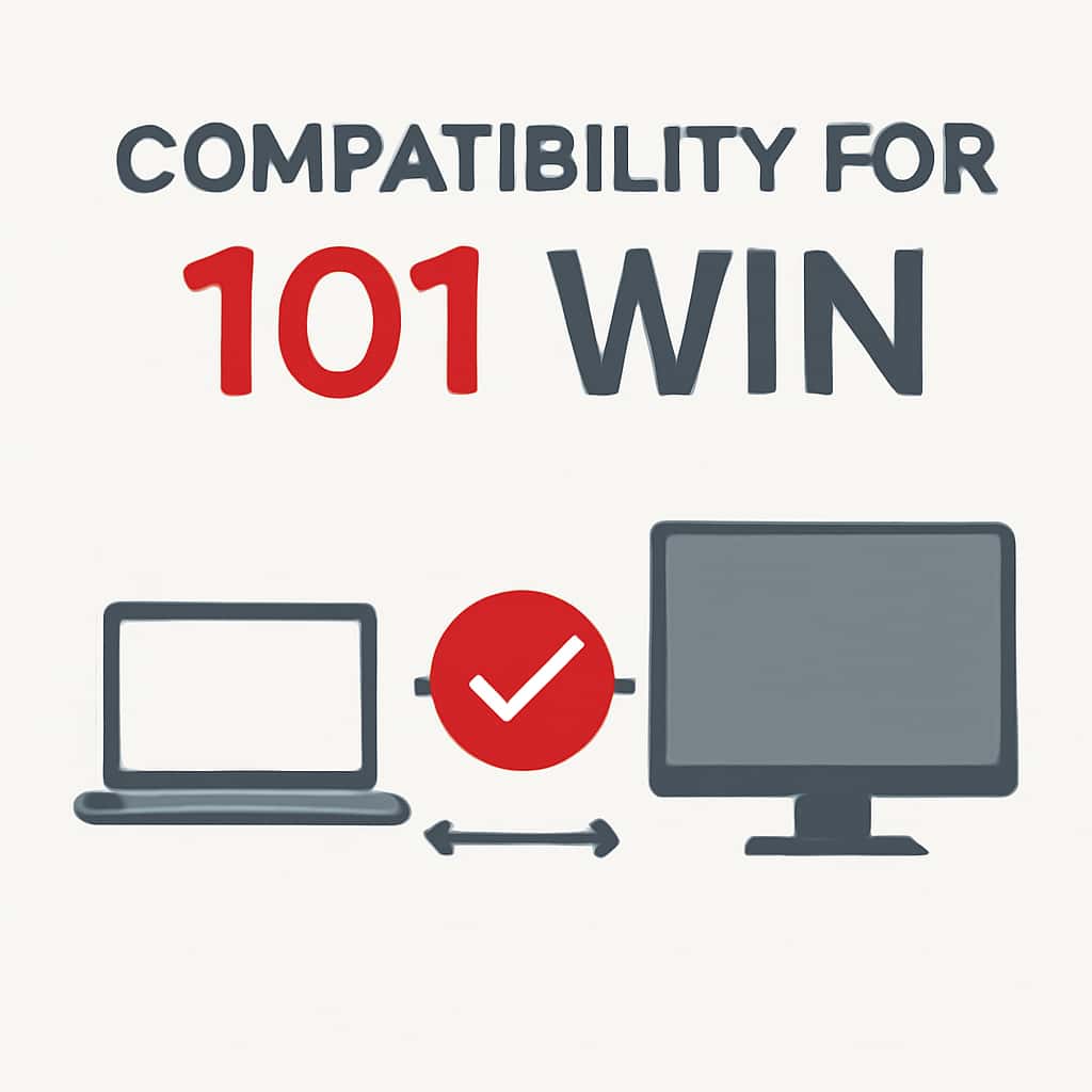 A diagram illustrating the installation steps and compatibility for the 101 Win app.